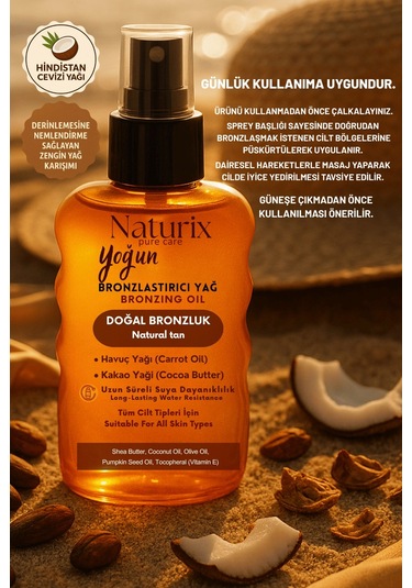 Yoğun Bronzlaştırıcı Yağ Havuç & Kakao Yağı, Shea Butter, Vitamin E, Tüm Cilt Tiplerine Uygun Sprey 200 Ml