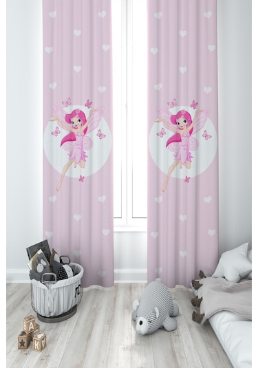Mekta Home Bebek Ve Çocuk Odası Uçan Peri Kızı Ve Kalp Desenli 2 Kanat Fon Perde