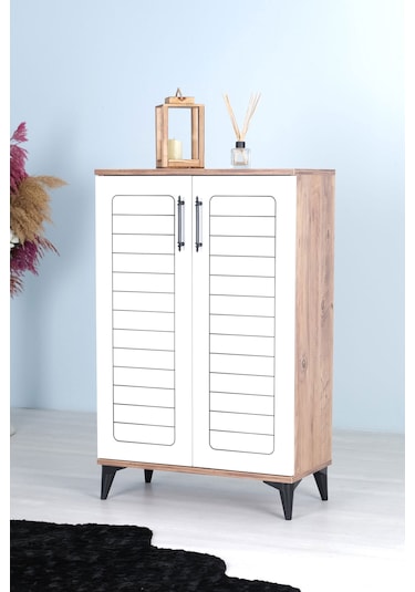 Luna 2 Kapaklı 4 Bölmeli Modern Ayakkabılık - Beyaz / Çam Desenli