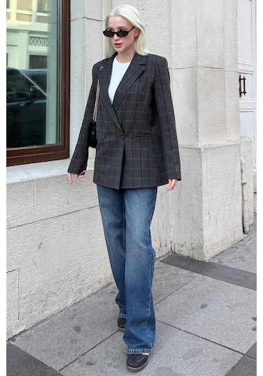Antrasit Kareli Kadın Blazer Ceket Mg2624 Antrasit
