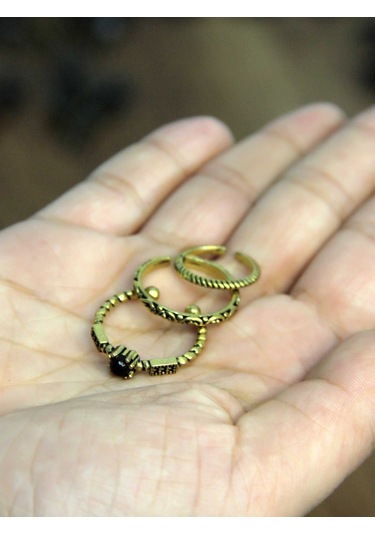 Doğal Taşlı 3'lü Garnet Lal Doğal Taşlı Antik Modelli Kadın Ayarlanabilir Yüzük Seti Euy84 Kırmızı