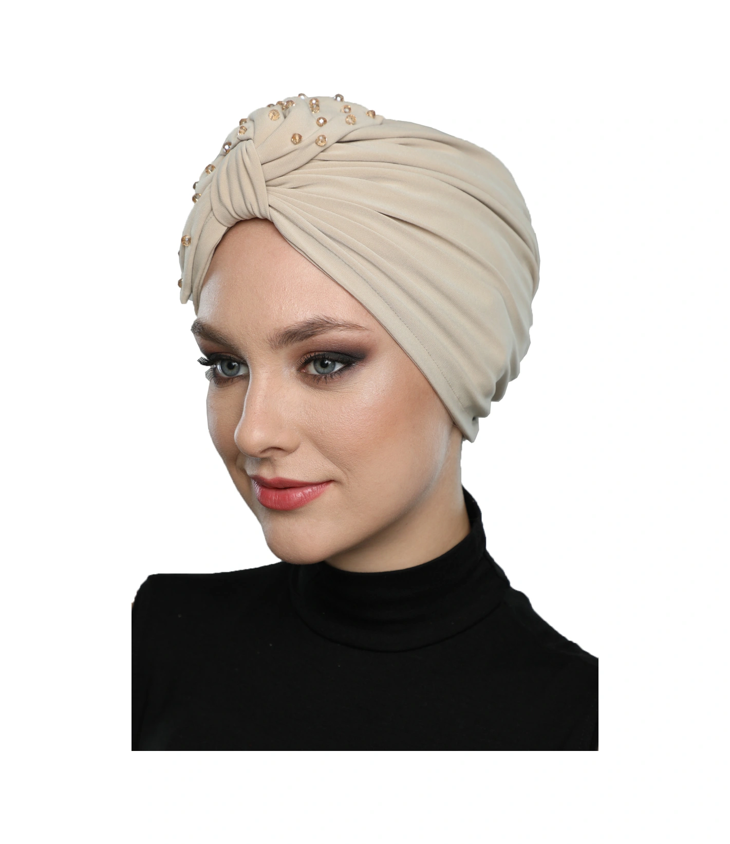 Kristal Yelpaze Taş Işlemeli Çift Taraflı Astarlı Bej Hazır Türban Tesettür Abiye Bone Bej