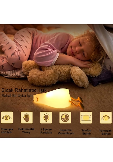 Hymark Sevimli Silikon Dokunmatik Led Ördek Gece Lambası Şarjlı K Beyaz