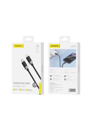Foneng Xs03 27w Type-c To Lightning Işıklı Örgü 1.2m Hızlı Data Ve Şarj Kablosu