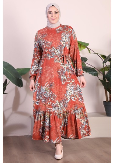 Kadin Büyük Beden Elbise Palmiye Desenli Viskon Elbise 001