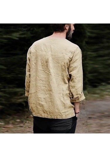 Incerun %100 Pamuk Erkek Uzun Kollu Bağcıklı Gömlek Vintage Düz Renk Rahat Gömlek Üstleri S-xxxxxl Açık Gri