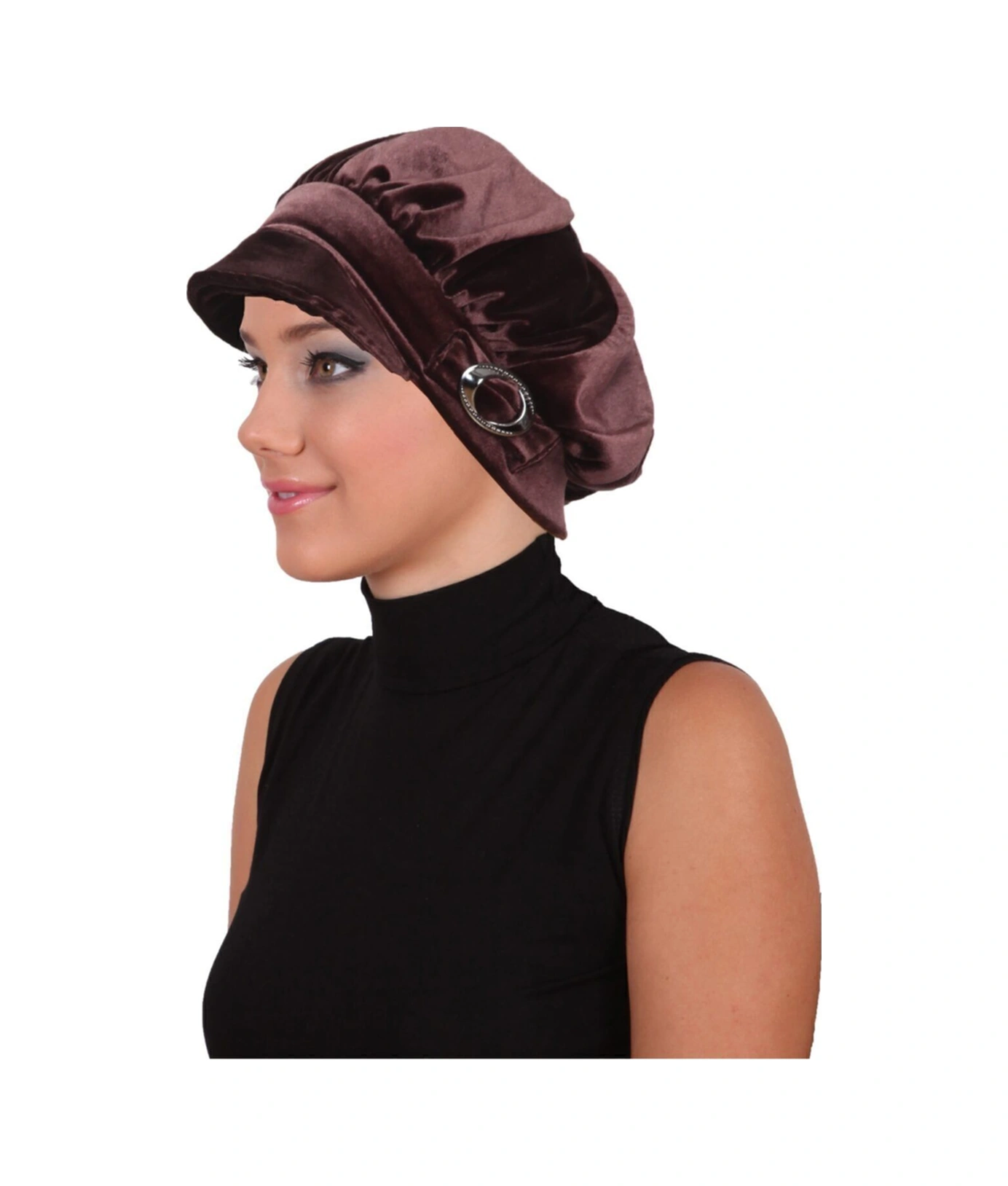 Kadife Şapka Toka Detaylı Kahve Hazır Türban Tesettür Bone Kahve