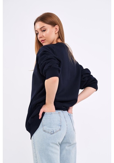 Comeor Lacivert Kadın Pamuklu Oversize Basic Bisiklet Yaka Sweatshirt 001