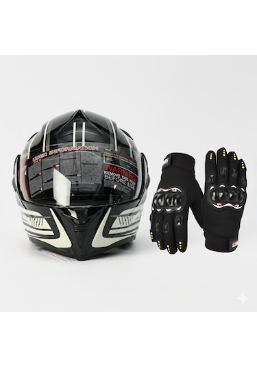 Eldivenli Motor Kaskı Beyaz - Gri - Siyah
