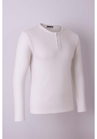 Trender Düğmeli Waffle Ekru Erkek Sweatshirt 5070 Ekru