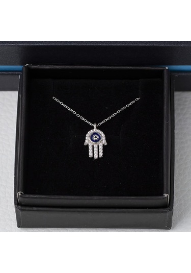 Nazar Boncuğu Detaylı Fatımanın Eli Model Zirkon Taşlı 925 Ayar Gümüş Kadın Kolye