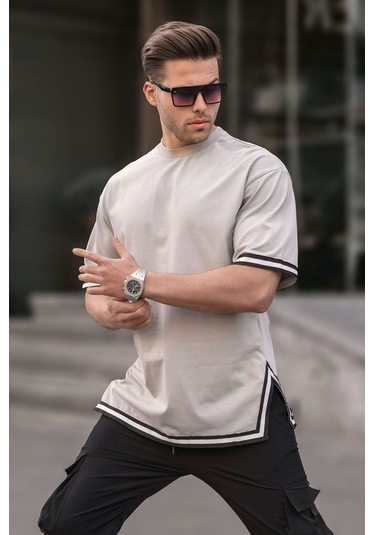 Madmext Boyalı Gri Bisiklet Yaka Şeritli Tişört 6097-boyalı Gri Boyalı Gri