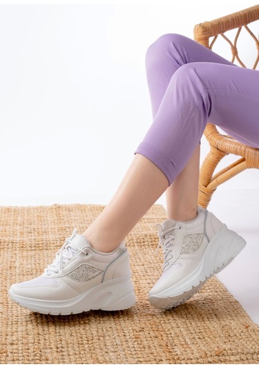 F-185 Beyaz Günlük Bağcıklı Taş Aksesuarlı Yazlık Spor Ayakkabı Beyaz