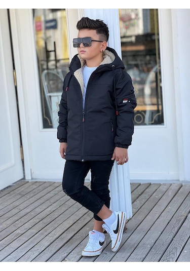 Erkek Çocuk Kapüşonlu İçi Kürklü Mont Km3050 Siyah