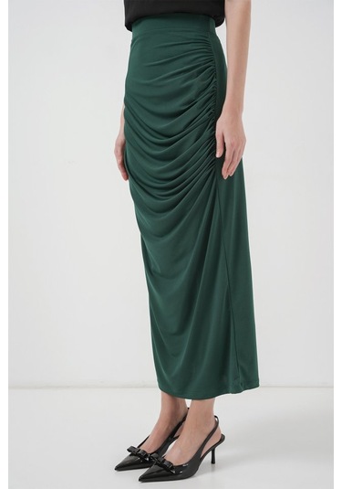 8035 Büzgülü Midi Etek - Zümrüt Yeşili Zümrüt