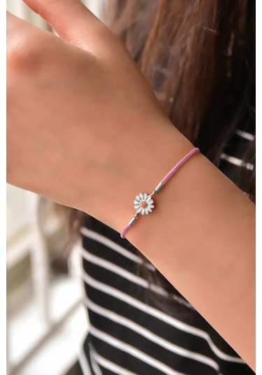 Kadın 925 Ayar Gümüş Rodyum Kaplama Pembe Ipli Asansörlü Papatya Bileklik