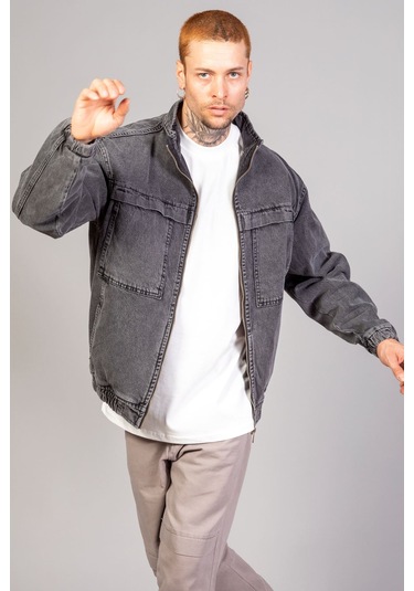 Oversize Erkek Siyah Kar Yıkama Modelli Fermuarlı Bomber Kot ... Füme