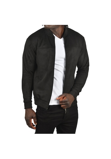 Deepsea Erkek Siyah Dar Kesim Likralı Fermuarlı Süet Kumaş Ceket İnce Mont 2504334 Siyah