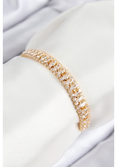 Pirinç Zirkon Taşlı Tennıs Model Gold Renk Asansörlü Kadın Bileklik Çok Renkli