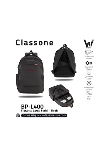 Classone BP-L400 15,6" Floransa Serisi  Wtx Pro Su Geçirmez Kumaş, Notebook,Laptop Sırt Çntası-Siyah