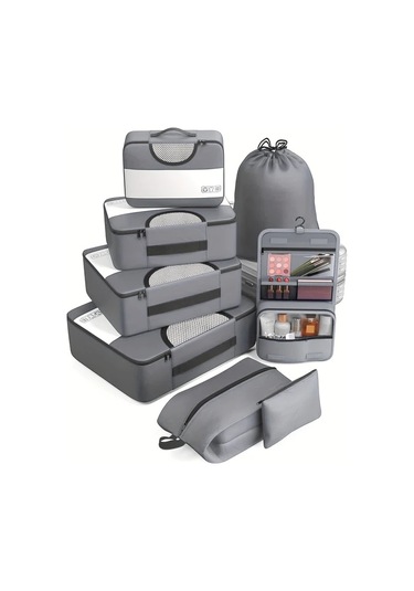 Fochsia Grey 8 Parça Set Oxford Sıkıştırma Çantaları Seyahat Bagaj Depolama Aksesuarları Ahşap