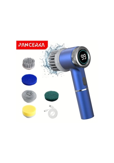 Xuweiwei Mavi Pancerka Elektrikli Doner Firca 5 Degistirilebilir Firca Basligi Type C Sarjli 3 Hiz Ayarli Banyo Mutfak Temizligi