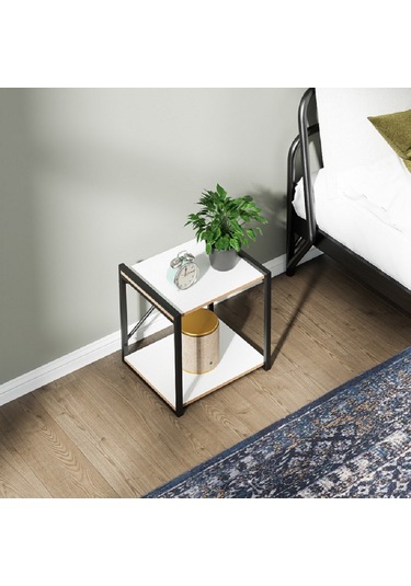 Çok Amaçlı Komodin Metal Ayaklı Raflı Sehpa Beyaz 1383