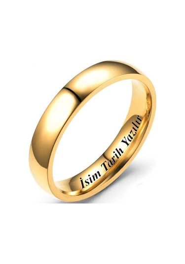 Kişiye Özel İsim Yazılı 4mm Bombeli Parlak Erkek Kadın Çelik Alyans Yüzük Cl18ko Sarı