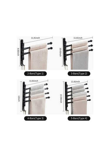 Novahub 5 Kollu Dönebilir Alüminyum Havlu Askısı - Deliksiz/delikli Montaj, 180 Dönüşlü, Pratik Kancalı, 30cm Siyah Siyah