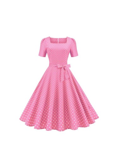 Vintage Puantiyeli Elbise Klasik Film Tarzı Tasarım Kare Zarif Zamansız Retro Yaka Kadın Elbise Pembe