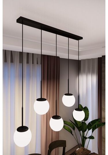 Dora Modern Sıralı Avize - Siyah Metal, Beyaz Cam, 5'li Sarkıt, E 1 Adet