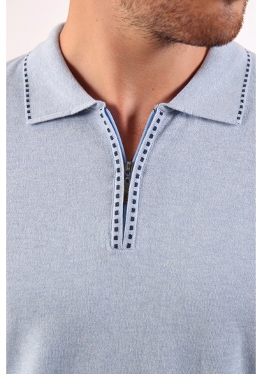 Ferraro Cristello Polo Yaka Fermuarlı Erkek Pamuk Kazak Açık Mavi
