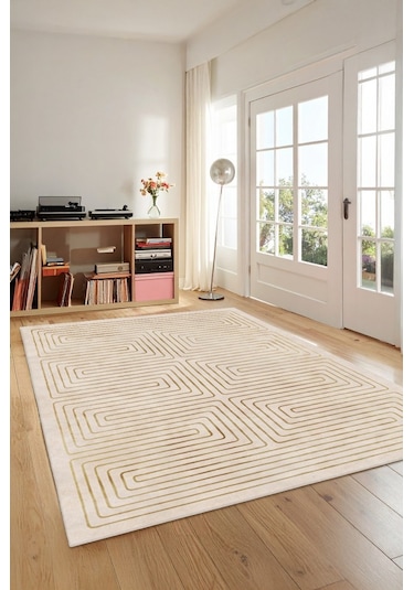 Zeminde Bir Labirent Simetrik Çizgili Modern Kaymaz Taban Halı Bej