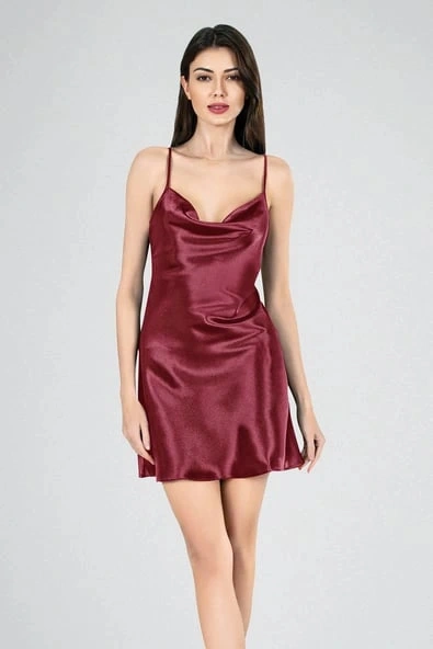 Ahu Kadın İp Askılı Degaje Yaka Kısa Gecelik Bordo Bordo