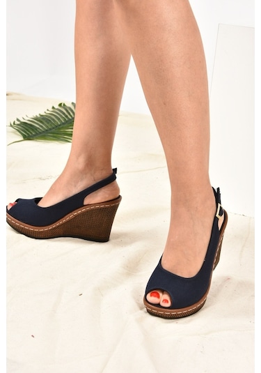 Fox Shoes Lacivert Keten Dolgu Topuklu Kadın Ayakkabı K674040705
