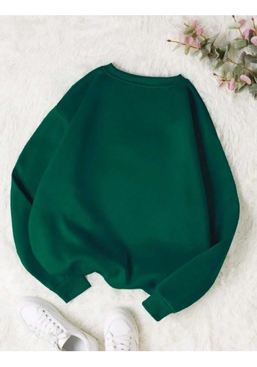 Baskısız Düz Sweatshirt - Nefti Yeşil Kalın Kışlık Şardonlu Uzun Kol Oversize Bisiklet Yaka Nefti Yeşil