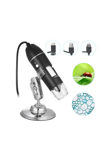 Otg Fonksiyonlu Usb Dijital Zoom Mikroskop Büyüteci, 8-led Işığı, 1600x Büyütme İle Standlı Büyüteç Siyah