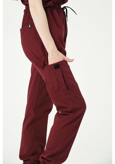 Bordo Likralı Kargo Cep Jogger Paça Doktor Hemşire Forması Tek Alt Unisex