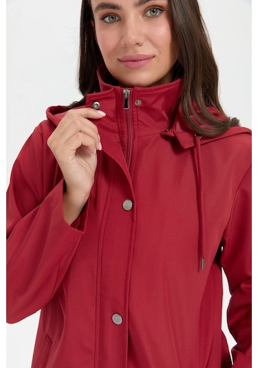 Desen Triko Kadın Kapüşonlu Yan Cepli Kısa Trençkot 24417 Kiremit Kiremit