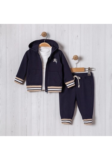 Kapşonlu At Baskılı Bebe 3'lü Erkek Takım Lacivert