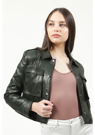 Dericlub Yb-Vgn1 Crop Fit Gerçek Deri Kadın Mont Yeşil