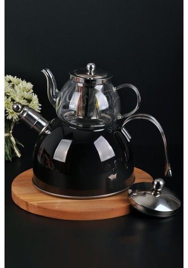 Nishev Zeyno Düdüklü Emaye Çelik Cam Çaydanlık Takımı Siyah Siyah
