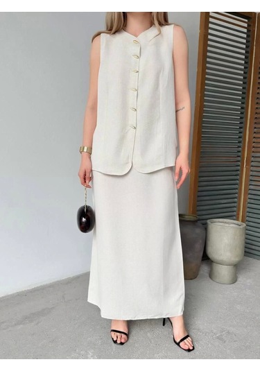 Keten Kolsuz Sıfır Yaka İlik Düğmeli Kolsuz Hırka Etek İkili Takım- Beyaz Beyaz