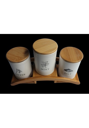 Bambu Köprü Standlı 3'lü Baharatlık Seti Beyaz