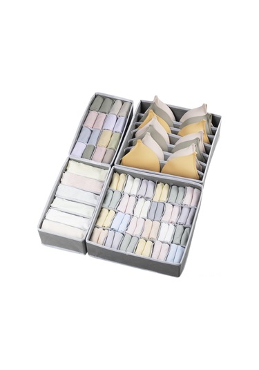 Ximistore9 Gri 4'lü Çok Bölmeli Organizer Seti: Giyim, Çorap, İç Giyim İçin Katlanabilir, Taşınabilir Ve Sporluk Saklama Kutuları 6+7+8+24 Bölmeli Gri