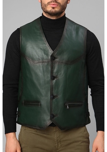 Dericlub 2245 Hakiki Deri Erkek Yelek Yeşil