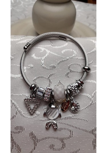 Uzel Çelik Gümüş Silver Model Taşlı, Balık Charmlı Çelik Bileklik Beyaz
