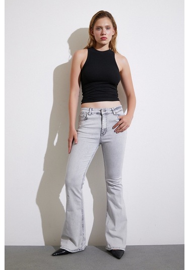 Never More Yüksek Bel İspanyol Paça Jean Gri