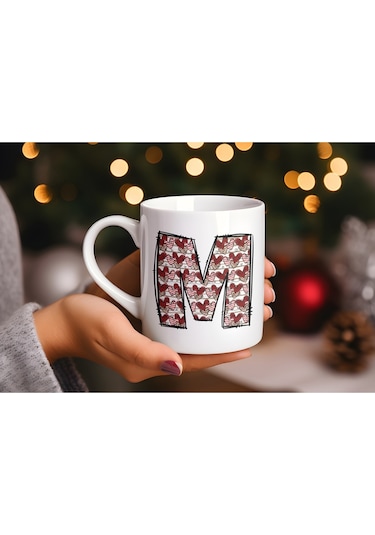 M Harfi Aşk Temalı Kupa - Kalp Desenli Kişiye Özel Romantik Sevgililer Günü Kahve Kupası Beyaz