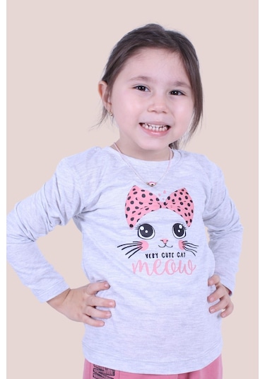 3'lü Love-cat Meow-good Things Baskılı Kız Çocuk Uzun Kol Fuşya-gri-yeşil Sweatshirt Çok Renkli